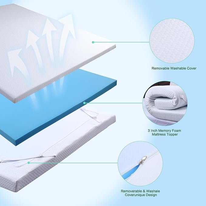 Queen Mattress Topper, Queen Memory Foam Mattress Topper 3 Inch High Density Mattress Pad Comfort Cooling, Bed Topper with Removable Cover, 4 Elastic Straps White, CertiPUR-US Certified