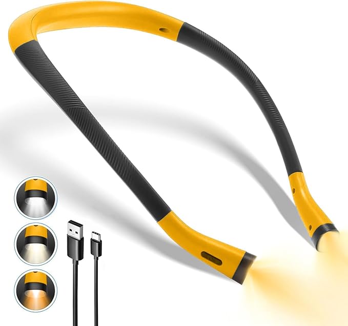 Neck Reading Light Rechargeable, 6 Brightness Levels 3 Colors Amber Book Light for Reading in Bed, 80H Working, Hands-Free for Reading, Crocheting, Repairing and Camping (Yellow)