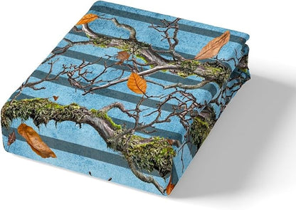 Tree Branches Kids Fitted Sheet Full Size,Wild Hunting Botanical Leaves Rustic Cabin Bedding Set,Boys Girls Room Decor,Geometric Stripes Patch Bed Cover,Blue Bed Sheet,2 Pillowcases(No Top Sheet)