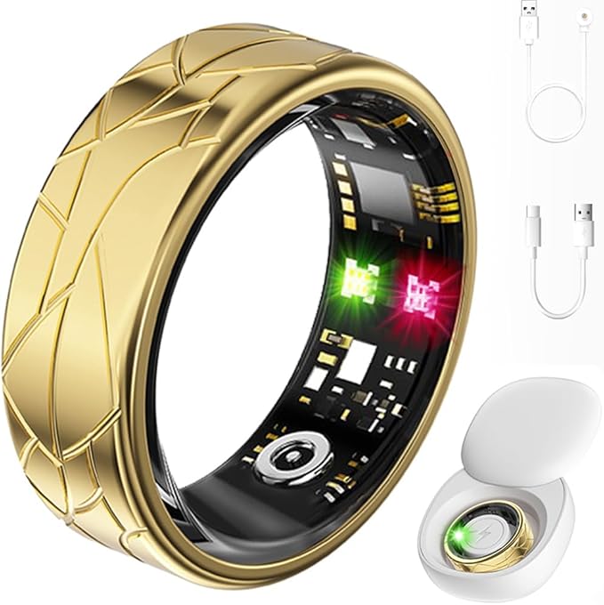 Smart Ring Fitness Tracker Sleep Tracking Heart Rate Monitor Pedometer, Waterproof Activity Tracker Fitness Ring Steps Counter, Gesture Controls for Short Video, 8 Days Last, Gold, #11