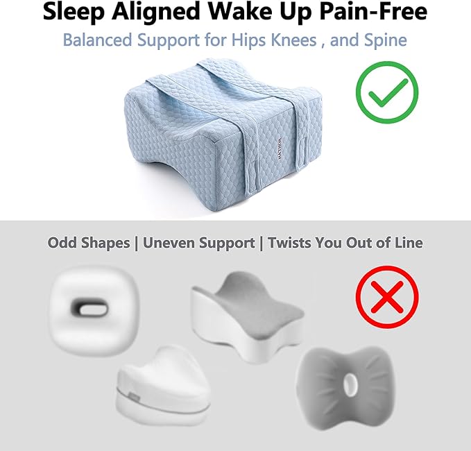 Knee Leg Pillow for Side Sleepers with Straps, Sciatica Sacroiliac Thigh Joints Hip-Back Pain Relief, Ergonomic Contour Encourages Natural Hip-to-Knee Alignment Pillow for Side Sleeping, Sky Blue