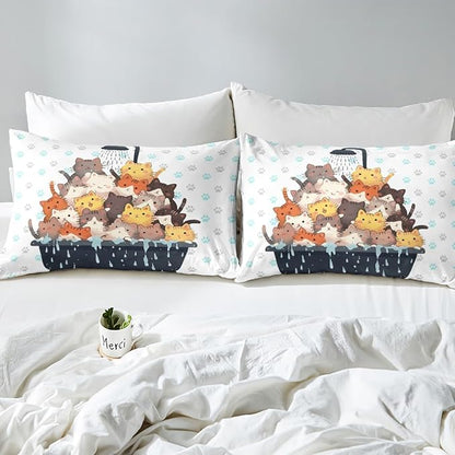 Cartoon Cats Fitted Sheet Full 2 Pcs,Bathing Cats Watercolor Graffiti Soft Microfiber Sheets Breathable Bedding(No Top Sheet),Grey Blue Cat Paw Print Bedsheet with Deep Pocket