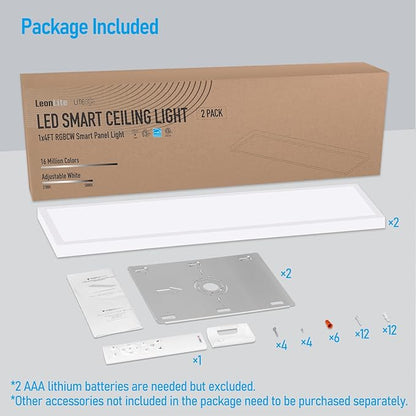 LEONLITE 1x4 FT Smart LED Ceiling Light, RGBCW Surface Mount Flat Panel Light, Christmas New Year Festival Decor, 120V 4000LM 2700K-5000K, 16 Million Multicolor, Works with Alexa, Aluminum, Pack of 2