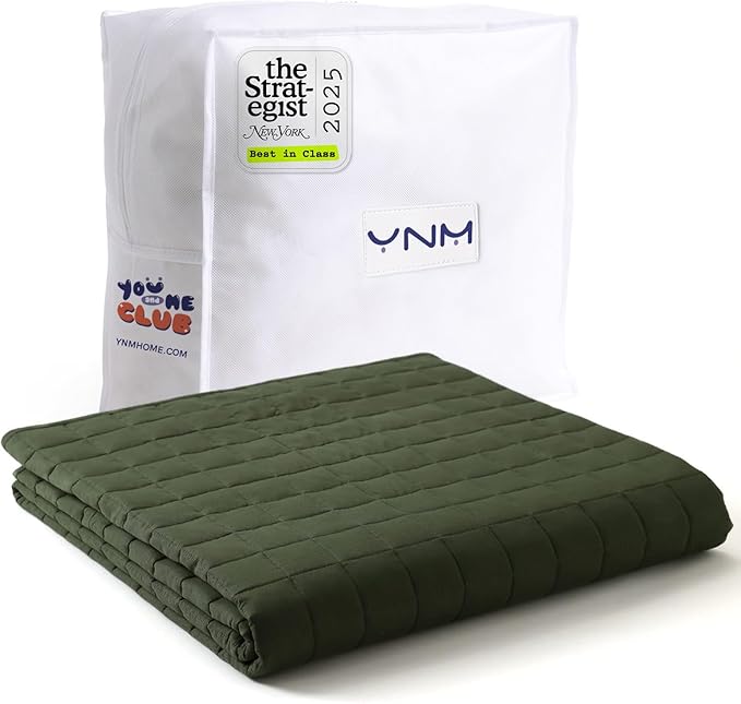 YnM Weighted Blanket, Soothing Cotton, Smallest Compartments with Glass Beads, Bed Blanket for One Person of 60lbs, Ideal for Twin Bed (41x60 Inches, 7 Pounds, Amy Green)