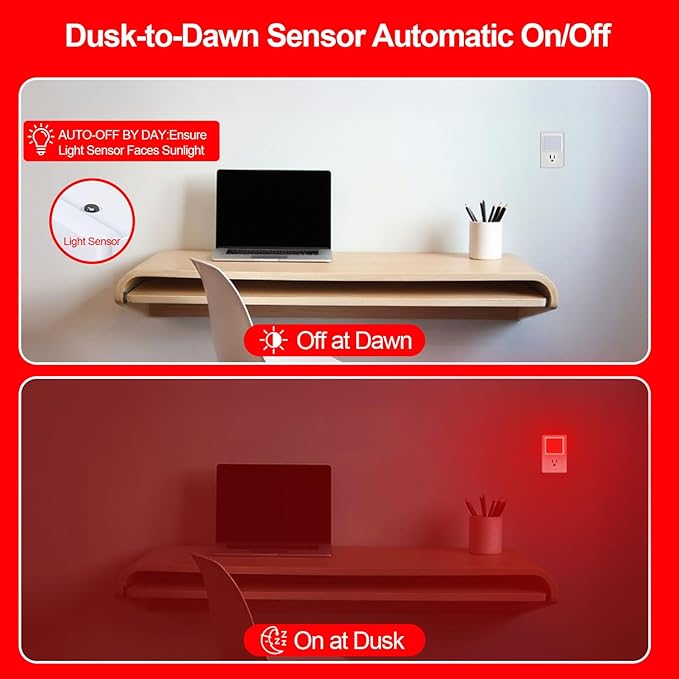 670nm Red Light Night Light for Sleep[8 Pack]- Zero Blue Light, Diammble & Energy Efficient 0.3W Night Light Plug into Wall with Dusk-to-Dawn Sensor for Nursery, Bedroom, Bathroom
