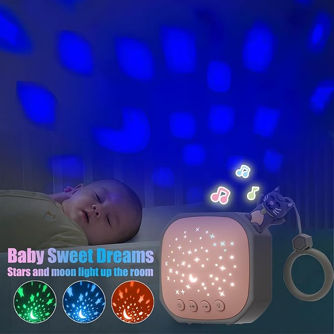 Portable White Noise Sound Machine with Star Projector | Sound Therapy Calm Music Machine Baby Sleep Soother with Hook for Home, Car Travel, Nursery, Infant, Kids Gifts (Lucky Cat)