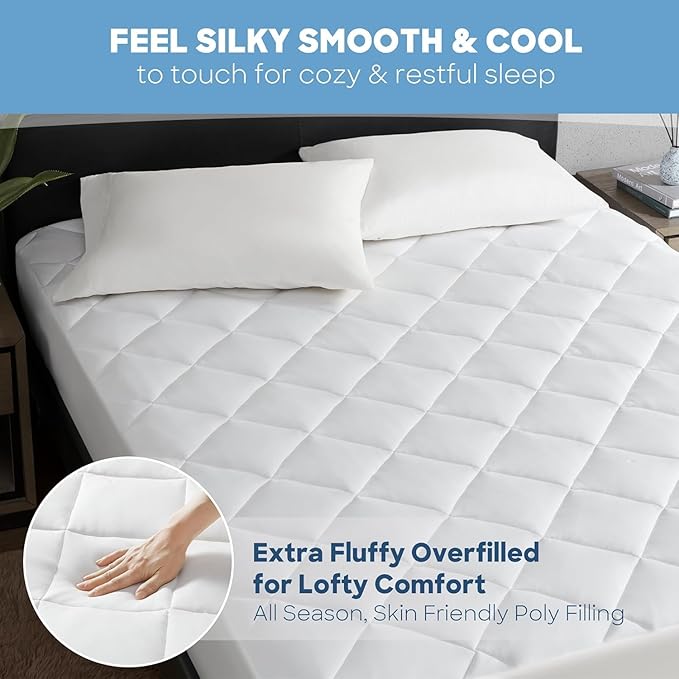 Sharper Image Twin Mattress Pad, Overfilled, Jersey Knit Ultra-Soft & Cooling Touch Mattress Pad for Bed, Cozy T-Shirt Handfeel Mattress Topper Fitted Pocket Fits Up to 18", Twin, White