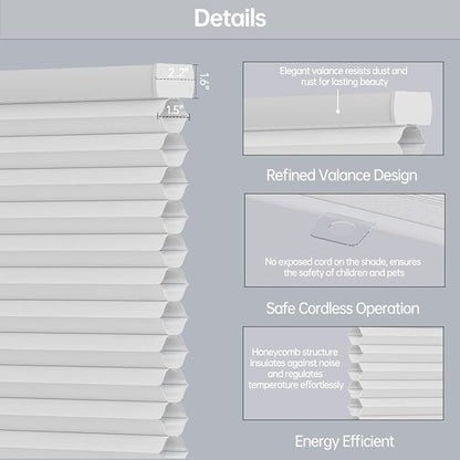 Cellular Shades Light Filtering Honeycomb Blinds for Indoor Windows, Cordless Cellular Shades 1.5 inch Cell Pleated for Bedroom Home Office, Custom Size, Half Shading White
