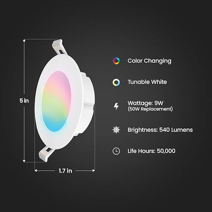 Feit Electric 4 Inch Smart Recessed Light Canless Jbox, Color Changing and Tunable White, 2.4GHz WiFi Retrofit LED Downlight, Dimmable, LEDR4XT/RGBW/CA/AG