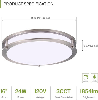 ASD LED 16" Round Flush Mount Lighting, Close to Ceiling Light Fixture | 3CCT, Dimmable, Energy Star, ETL Listed | 24W 1854LM 3000-5000K 120V | Low Profile Double Ring Lamp | Nickel, 4 Pack