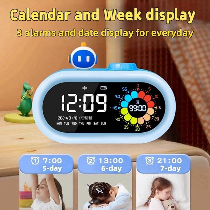 Digital Alarm Clock for Kids: Battery Operated Cordless 2000mah Rechargeable with Timer Countdown for Bedroom Desk Study Classroom (Blue)