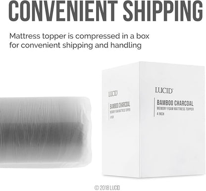 Lucid 4 Inch Bamboo Charcoal Infused Memory Foam Mattress Topper - Twin XL Size – Moisture and Odor Control - Ventilated - Ultra Plush Feel, Pressure-Relief Bed Topper – CertiPur Certified