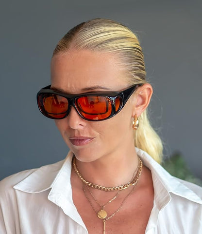 BLUELESS Fit over Blue Blocking Glasses with Orange Tinted Lens Sleep Glasses, Black Red