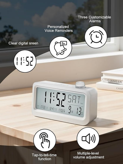 Medication Pill Reminder, Rechargeable Talking Alarm Clock with 3 Custom Voice Recording Alarms, Touch-to-Talk, a Digital Alarm Clocks Gift for Mom/Dad/Seniors/Elderly
