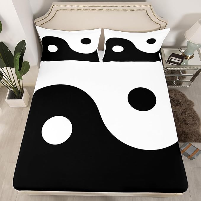 Manfei Black and White Kids Sheet Set Twin Size, Tai Chi Gossip Bed Sheet Set 3pcs (Fitted Sheet, Flat Sheet, 1 Pillowcase), Yin Yang Gossip Bedding Set for Boys Teens Adults Bedroom Decor