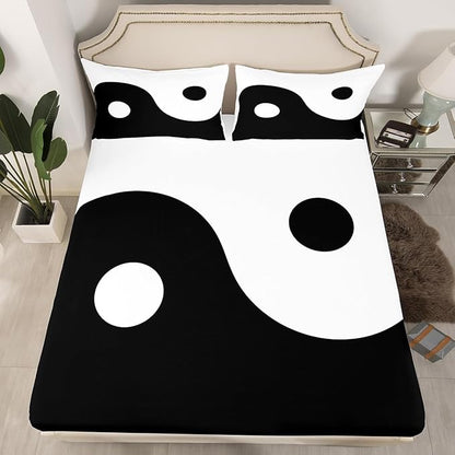Manfei Black and White Kids Sheet Set Twin Size, Tai Chi Gossip Bed Sheet Set 3pcs (Fitted Sheet, Flat Sheet, 1 Pillowcase), Yin Yang Gossip Bedding Set for Boys Teens Adults Bedroom Decor