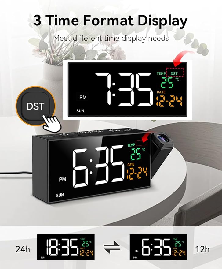Netzu Projection Clock for Bedroom Ceiling, Alarm Clocks with 180° Rotatable Projector, Date Temperature and Weekday, Manual DST, 5 Brightness, 10 Ringtones, 4 Volumes and Snooze (Black)