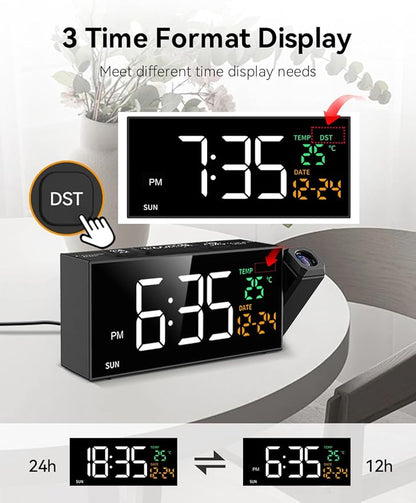 Netzu Projection Clock for Bedroom Ceiling, Alarm Clocks with 180° Rotatable Projector, Date Temperature and Weekday, Manual DST, 5 Brightness, 10 Ringtones, 4 Volumes and Snooze (Black)