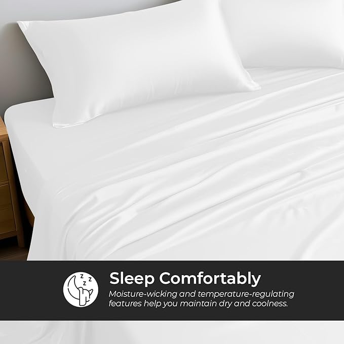LINENWALAS California King Size Flat Sheet Only, Rayon Derived from Bamboo Top Sheet, Hotel Luxury Silk Sheets for Cal King Size Bed, Stain & Fade Resistant Cooling Bed Sheets (Cal King, White)
