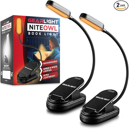 GearLight Rechargeable Book Light for Reading in Bed - Adjustable LED Clip-on Lamp with 3 Light Modes - Rechargeable, Flexible Neck Reading Light for Books, Laptops, and More - Black - (Pack of 2)
