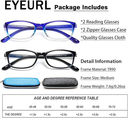 EYEURL 2 Pack Reading Glasses Blue Light Blocking Readers for Women-TR90 Lightweight Computer Reading Glasses Stylish Rectangular Frames Eyeglasses+0.75