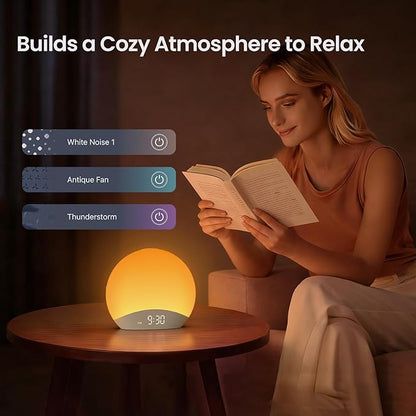 REACHER R7APP Smart Sunrise Alarm Clock with App Control, Custom Wake & Sleep Routines - Multi Sunrise Color, White Noise Sound Machine, Dimmable Display | Night Light, Screen-Free Sleep
