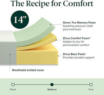 Zinus 14 Inch Queen Green Tea Memory Foam Mattress, Fiberglass Free, Medium Firm Feel, Zoned Pressure Relief, Certified Safe Foams & Fabric, Mattress in A Box