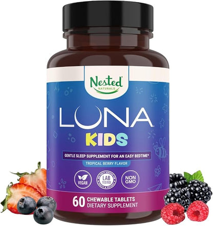 Nested Naturals Luna Kids Sleep Aid Tablets for Children 4+ - Naturally Sourced Ingredients - Gentle, Herbal Sleep Supplement with Chamomile, Melatonin, Valerian & Lemon Balm - 60 Chewable Tablets
