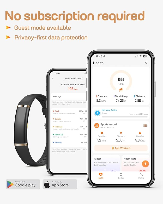 FITVII Ultra Slim Fitness Tracker Wristband, Health and Fitness Wearable with 24/7 Heart Rate, Blood Pressure and HRV Sleep Monitor, Subscription Free Activity Tracker for Android & iPhone