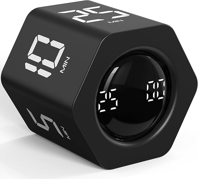 Rotating Pomodoro Timer 5, 25, 10 30,60 Mins Preset Stopwatch, Desk Flip ProductivityTimer, ADHD Tool Hexagon, Vibration/Mute/Alarm, for Work, Study, Back to School, Kitchen, Black