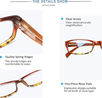 Henotin 5-Pack Reading Glasses Blue Light Blocking Anti Eyestrain Computer Reading Glasses for Women and Men Readers (Mix Color-C2, 4.00, Diopters)