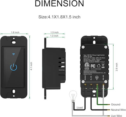 Smart Light Switch 2.4GHz WiFi Light Switch Compatible with Alexa and Google Home, Single Pole, Needs Neutral Wire (Black)