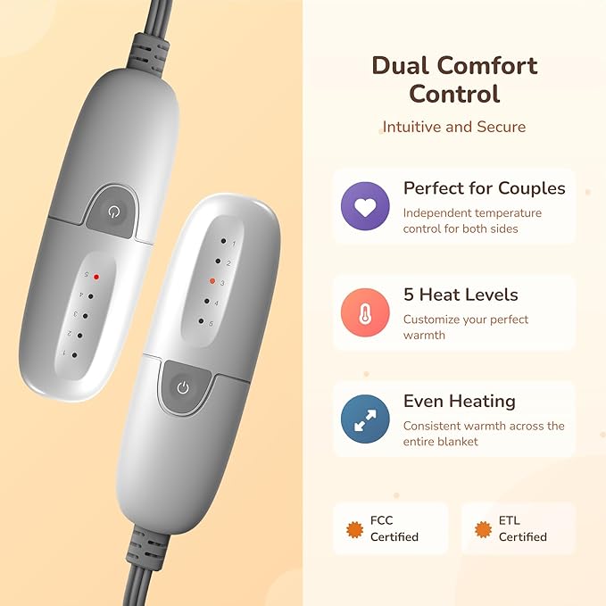 Electric Blanket Queen Heated Blanket Queen Size 84''X 90'' Soft Cozy Flannel with Dual Controller Heating Blanket of 5 Heating Level & 10 Hour Auto Off, ETL & FCC Certified, Machine Washable