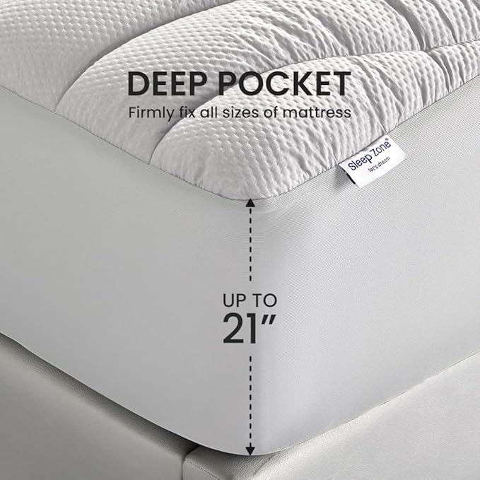 SLEEP ZONE Cooling Mattress Topper Cal King, Premium Zoned Quilted Mattress Pad, Pillow Top Mattress Protector Cover, Machine Wash Durable, Deep Pocket 8-21 inch, Silver Grey, Cal King