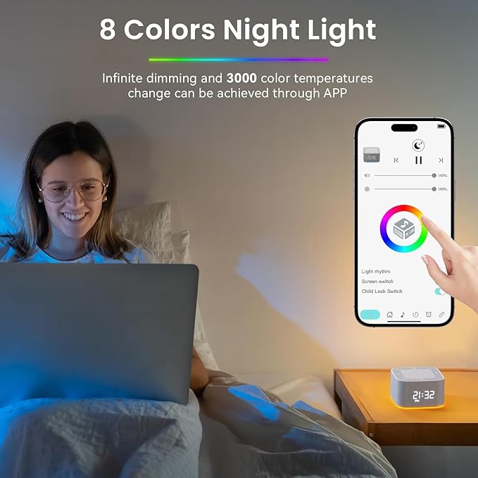White Noise Machine, Sound Machine, Alarm Clock,Travel Sound Machine,Sleep Night Lights Bluetooth App Control Best Birthday Gift Ideas for Baby Adult Portable Travel Office Bedside Clocks Bedroom
