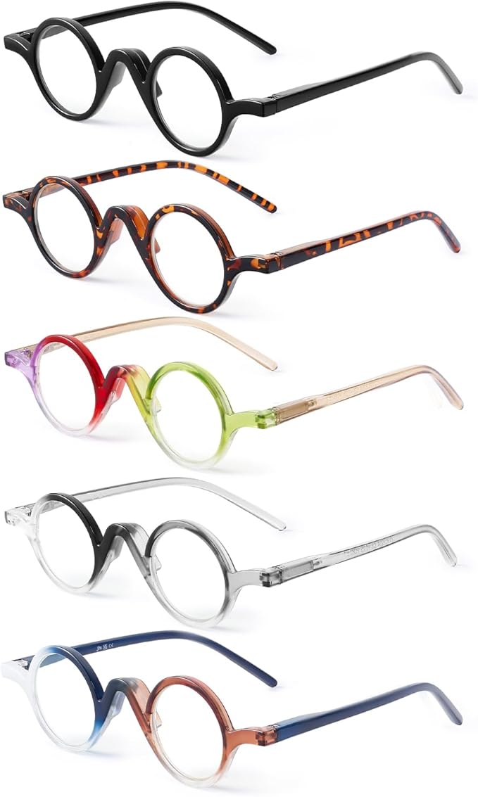 JM 5 Pack Round Reading Glasses for Women Men, Vintage Small Blue Light Blocking Computer Readers with Spring Hinges