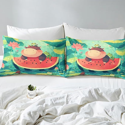 Cute Hippo Kids Fitted Sheet Queen Size,Watermelon Frog Lotus Leaves Bedding Set,Boys Girls Room Decor,Cartoon Hippopotamus Wild Animals Rustic Bed Cover,Red Green Bed Sheet,2 Pillowcases