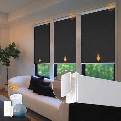 Motorized Blinds No Drill Automatic Blinds for Windows Cordless Roller Shades Electric Blinds with Remote Control Smart Blinds (Black, 32 x 72)