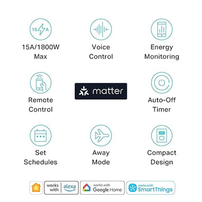 Kasa Smart Plug, Matter Compatible, Energy Monitoring, Compact Design, 15A/1800W Max, Super Easy Setup, Works with Apple Home, Alexa & Google Home, UL Certified, 2.4G Wi-Fi Only, White, KP125M(2-Pack)