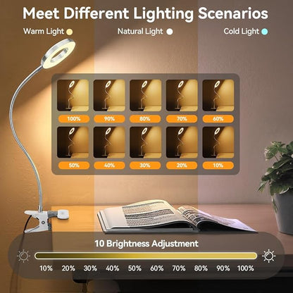 Skymore Clip on Light -3 Color Modes&10 Brightness LED Reading Desk Light with Clamp Flexible Gooseneck Book Light for Kids' Bedtime Reading, Zoom Meetings, Clip on Table, Headboard, Dorm&Office Use
