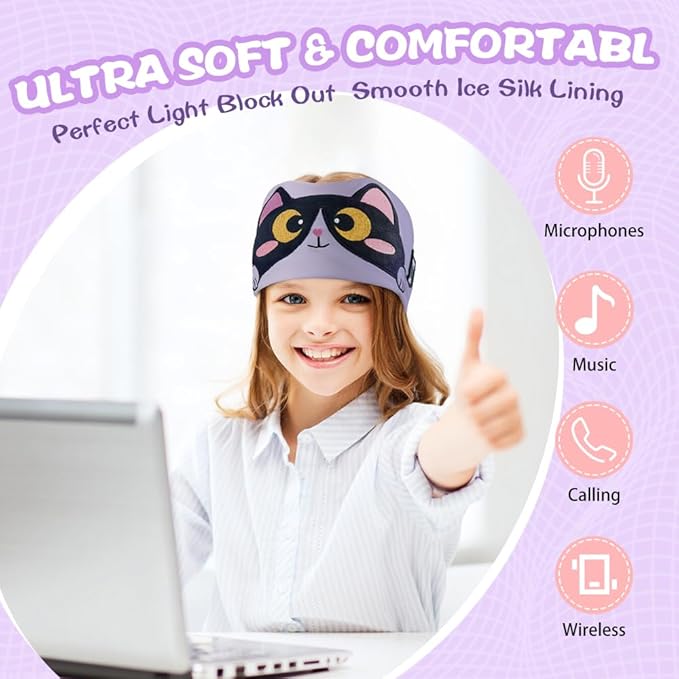 Kids Headband Headphones,Toddler Bluetooth Sleep Mask,Adjustable Wireless Headphones with Wired Playback Type C Jack Suitable for Study, Travel and Sleep(Purple)