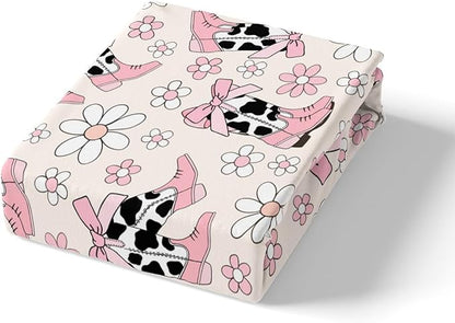 Cowgirl Boots Full Size Fitted Sheet,Daisy Flowers 70s Retro Groovy Cartoon 3 Pieces Kids Teenager Room Decor Princess Pink Bowknots Rustic Cowhide Pocket 2 Pillowcases