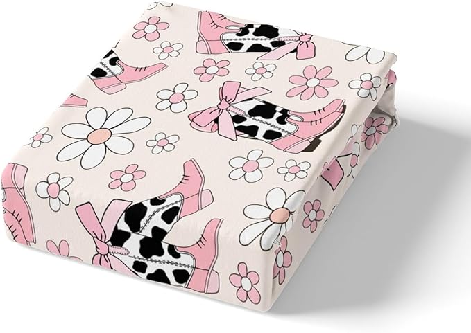 Cowgirl Boots Fitted Sheet Queen Size,Daisy Flowers 70s Retro Groovy Cartoon Soft Bed Cover(1 Fitted Sheet+1 Pillow Case),Princess Pink Bowknots Rustic Cowhide Breathable Mattress Cover