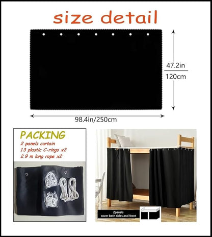 Full Size Bunk Bed Blackout Curtains Heavy-Duty for Bottom Men Women Teens, Black, 2 Panels, 47.2in Height