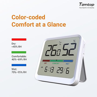 Temtop Indoor Thermometer Hygrometer, Precision Digital Temp/Humidity Monitor with Magnet & 3M Sticker, Date & Time, Wall/Magnet/Stand Mount, for Home, Office, Nursery, T1-SE