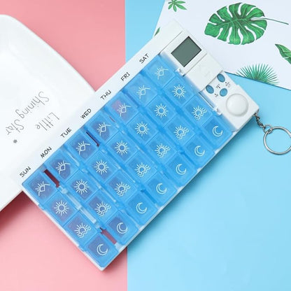 7 Day Timed Medicine Box with Alarm Reminder 28 Grids Compartments Removable Timer Backlight Weekly Pill Organizer for Vitamins and Pills 7.48 * 4.13 * 0.98inch