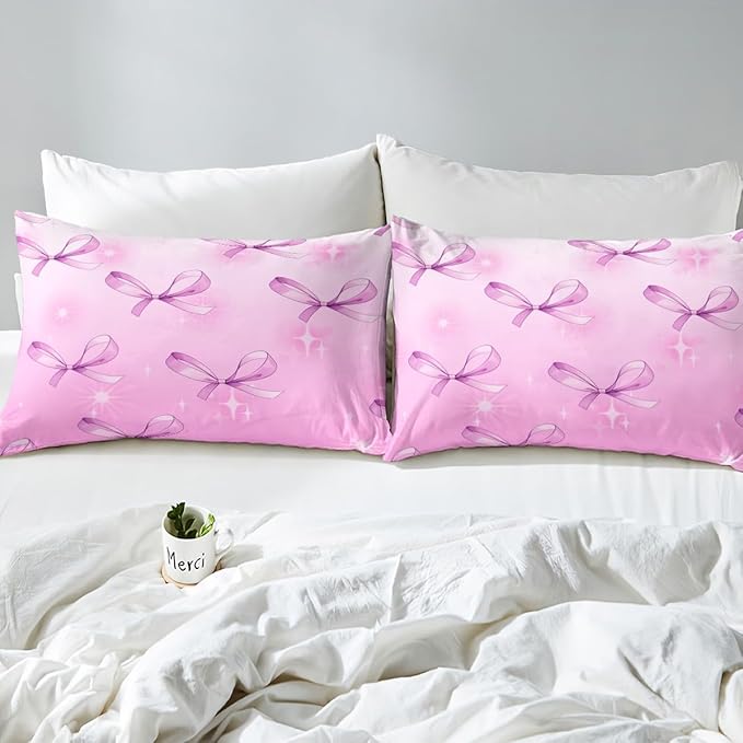 Cute Bowknots Fitted Sheet,Full Size Princess Bow-tie Kawaii Purple Starry Glitter Collections,Girlish Bow Fairy Tale Theme Bedding Deep Pocket for Children Teens Young with 2 Pillowcases