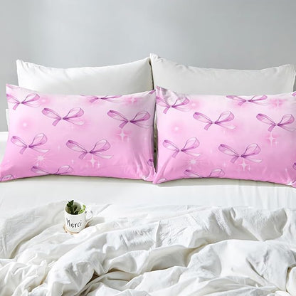 Cute Bowknots Bedding Set Twin Size Princess Bow-tie Kawaii Purple Starry Glitter Bed Set for Teens Kids Sheet Girlish Bow Fairy Tale Theme Bed Cover(1 Fitted Sheet+1 Pillow Case)