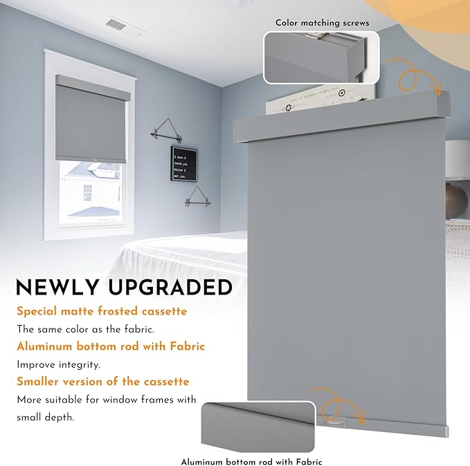 Persilux Cordless Blackout Shades with Valance, Thermal Insulated Fabric Window Blinds for Windows, UV Protection Shades for Home and Bedroom (Grey, 21" W x 72" H)