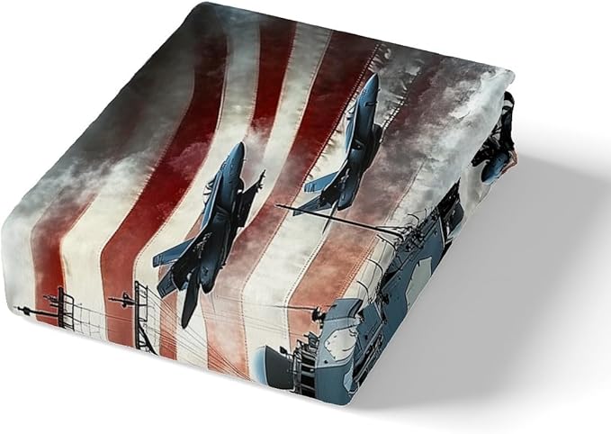 Warship Kids Fitted Sheet Twin Size,Warplane Aviation Aircraft Combat Ship in The Sea Bedding Set,Boys Men Room Decor,Tie-dye Ink American Flag Bed Cover,Grey Bed Sheet,1 Pillowcase(No Top Sheet)
